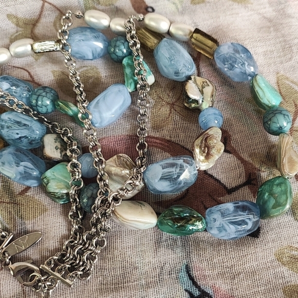 Triple Strand Shell Acrylic Glass Beaded Blue Green NY Brand  Necklace Beachcore - Picture 6 of 11